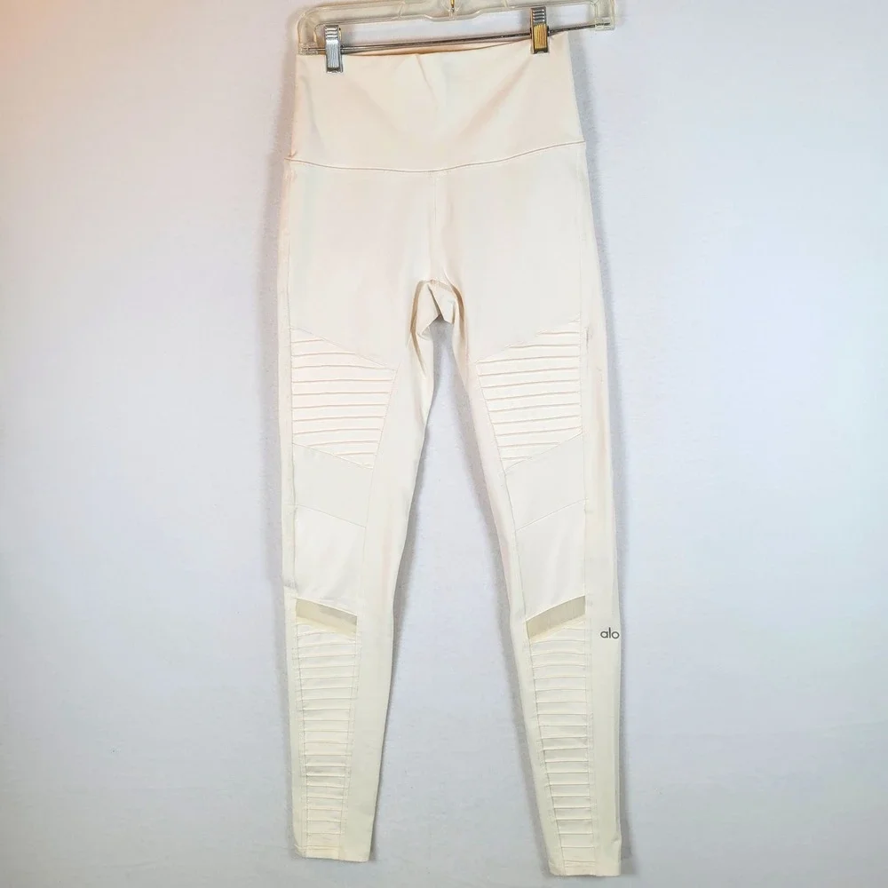 Alo Yoga Women High Waist Moto Mesh Panel Leggings Size Medium White Yoga Gym